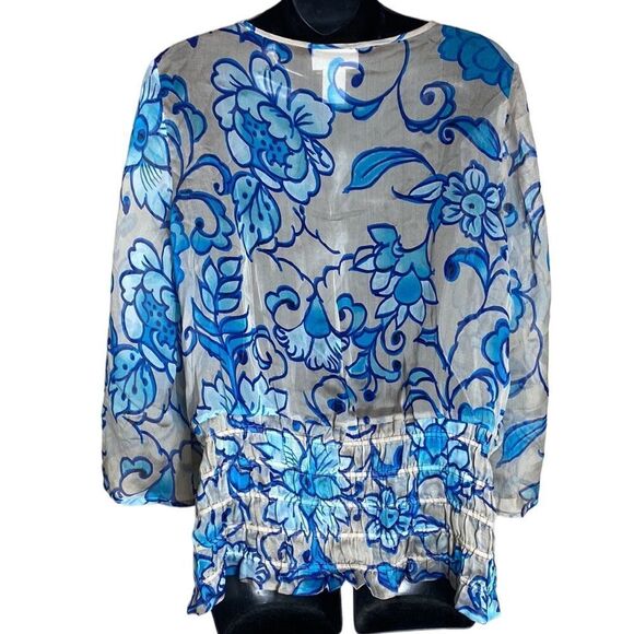 Soft surroundings 100% silk sheer top smocked art to wear dopamine med floral - Picture 5 of 8